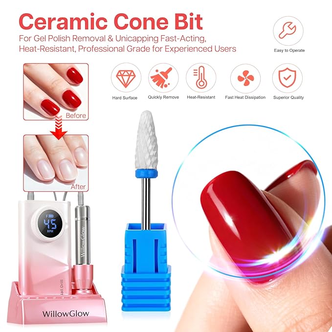 Professional Nail Drill with Charging Dock & Ceramic/Tungsten Bits, 45000RPM Stepless Speed Cordless Efile for Fast Acrylic Gel Removal, Electric Nail File Machine for Home Salon Use (Gradient Pink)