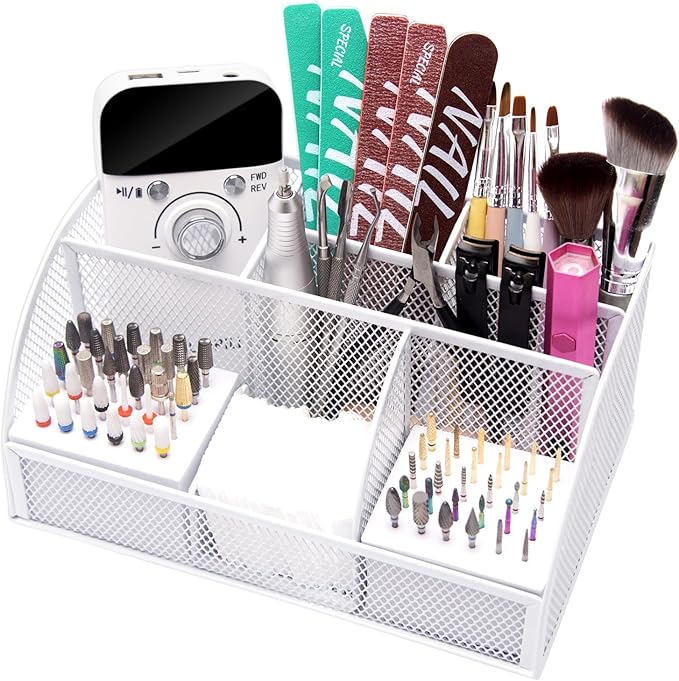 CGBE Nail Drill Bits Holder: 60 Holes Professional Drill Bit Holder for Nails - Mesh Metal Nail Tools Organizer Display Case - Nail Desk Organizer for Nail Tech - White (Not Included Nail Drill)