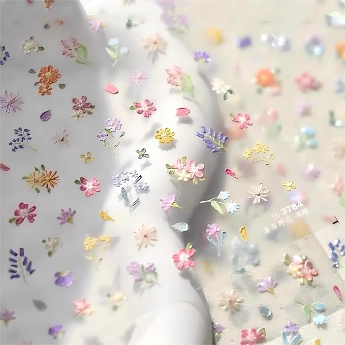 Dedyel Spring Wildflowers Nail Sticker 5D Embossed Wildflower Nail Stickers Spring Summer Red Yellow Blue White Flower Design Nail Art Decoration for Women Girls Kids