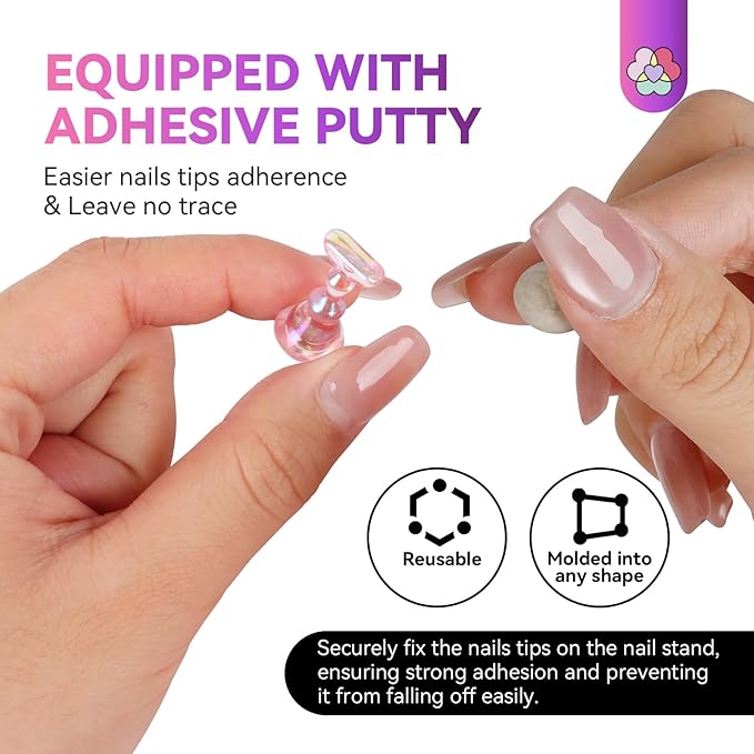 SAVILAND Nail Stand for Press Ons :10 Pcs Strong Adhesive Cat Claw-Shaped Nail Holder for Painting Nails Super Magnet Nail Stand & 1 Pcs Flower-Shaped with 40 Pcs Reusable Putty for Nail Practice Salon