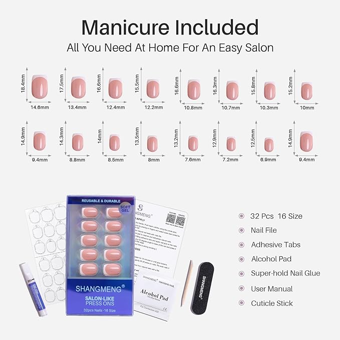 White French Tip Press on Nails - SHANGMENG Soft Gel Square Nails Short for Women Gift, Fit Perfectly & Natural Stick on Nails with Glue in 16 Sizes - 32 Reusable Fake Nails, White French