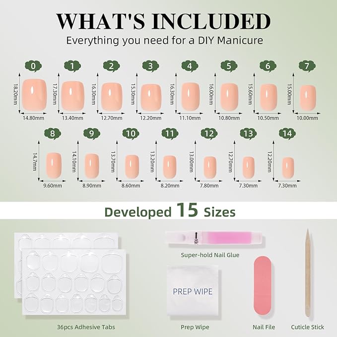 Nude Press On Nails - Neutral Pink Short Square Fake Nails, Square Press On Nails Reusable Stick On Nails in 15 Sizes, 30pcs False Nail Kit for Women & Girls (Blush Nude)