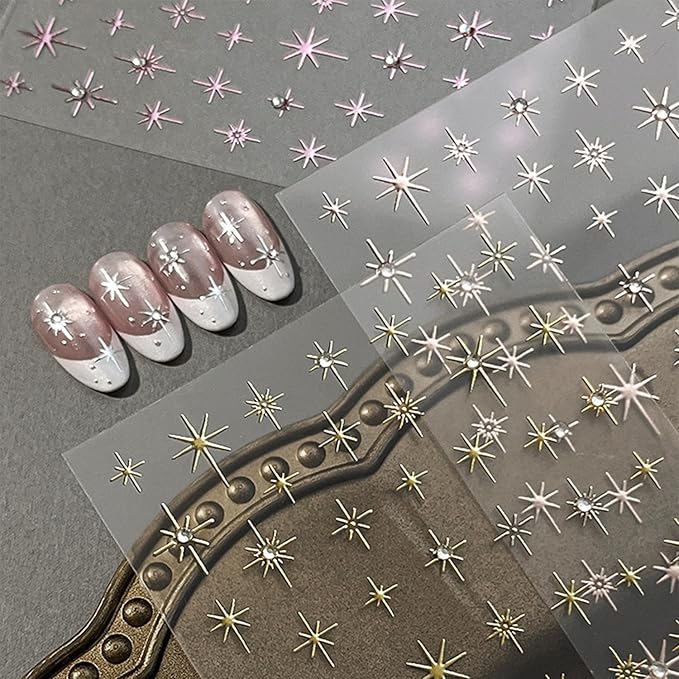 Shiny Star Nail Stickers for Nail Art 3D Glitter Colorful Star Luxury Rhinestones Nail Design Stickers Starlight Nail Decals Nails Supply Manicure Sliders for Nails Decoration 6 Sheets