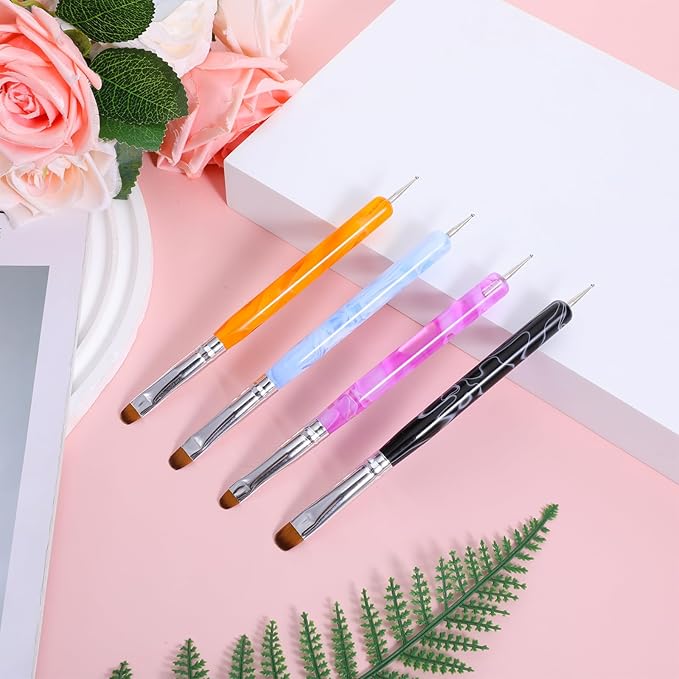 4 Pcs French Gel Nail Brush, French Gel Acrylic Nail Art Brush with Dotting Tool, Professional Manicure Tool for Extension Gels Nails Detailed Designs DIY Nails Salon (10# 12# 14# 16#)