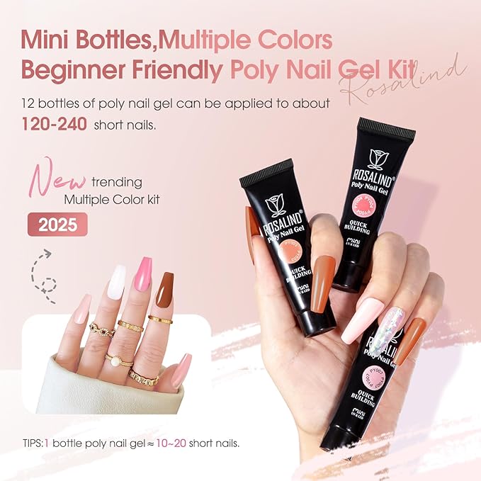ROSALIND 12PCS Pink Brown Christmas Poly Nail Gel Kit with Mini Nail Lamp White Glitter Pink Poly Extension Gel Set 0.34oz/10ml with Slip Solution Basic Tools for Beginners with Everything