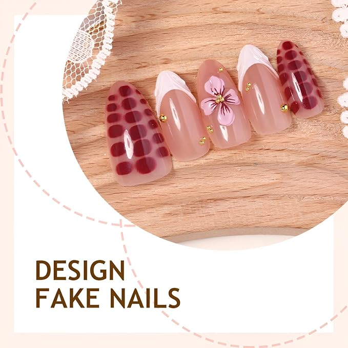 White French Tip Press on Nails Medium Almond Fake Nails Flower Nails Press Ons with Rhinestones Design Glossy False Nails French Tip Glue on Nail Acrylic Stick on Nail for Women Set 30Pcs