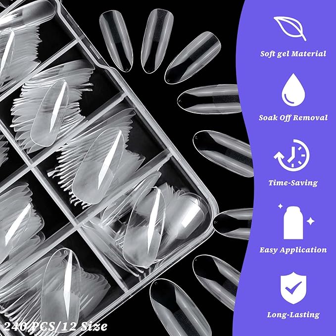240pc Oval Gel Nail Tips Medium Fake Nails Clear Press ons Nail, Medium Oval Nails Tips Acrylic Nails Extension Soft Gel Nails Tip Full Cover Round Almond False Nail Clear Artficial Fingernails
