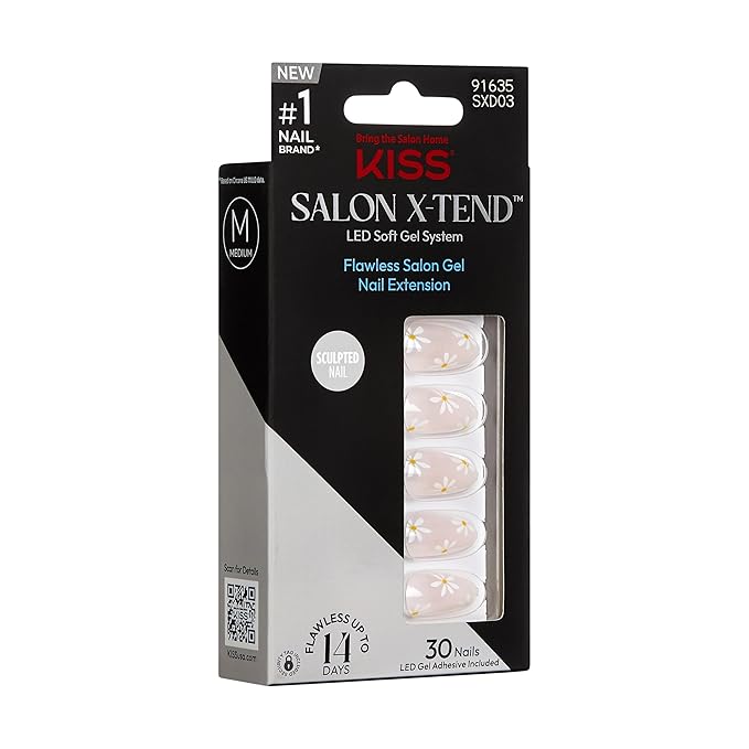 KISS Salon X-tend, Press-On Nails, Nail glue included, 'Red Flags', Light Pink, Medium Size, Almond Shape, Includes 30 Nails, 5Ml Led Soft Gel Adhesive, 1 Manicure Stick, 1 New Mini File, New Prep Pad