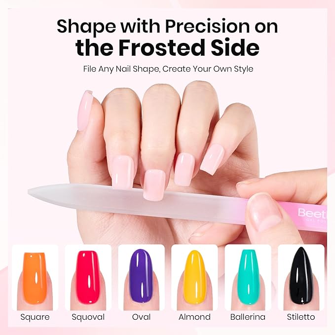 Beetles Glass Nail File for Natural Nails 3 Pack – Double-Sided Crystal Nail Files with Case Etched Gentle Nails Care for Shaping & Polishing Manicure, Washable Reusable Glass Fingernail Files