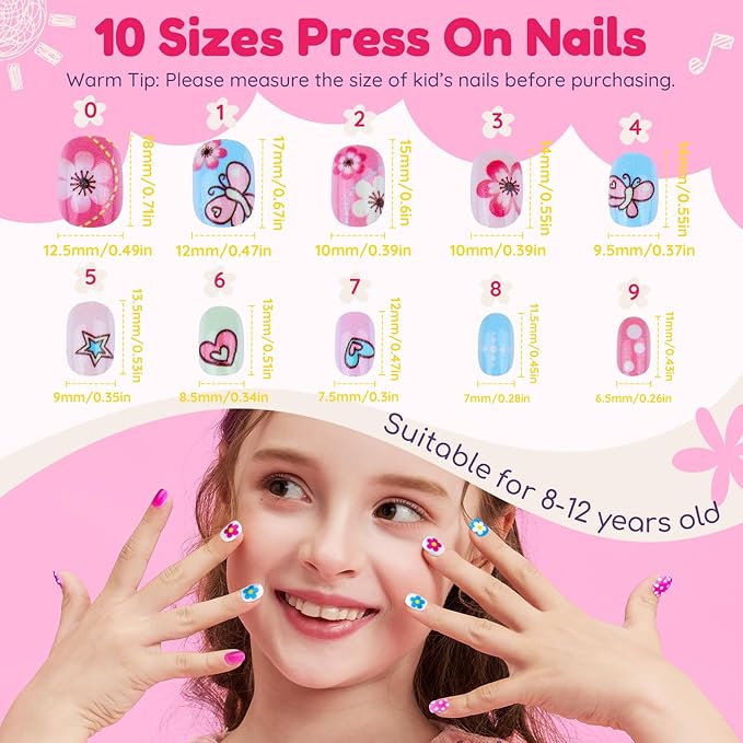 Teenitor 216pcs Press on Nails for Girls, 9 Colors 10 Sizes Press On Nails for Kids Fake Nails Little Girl Nails, Short Acrylic Nails with Nail Adhesive Tabs, Nail File Buffer