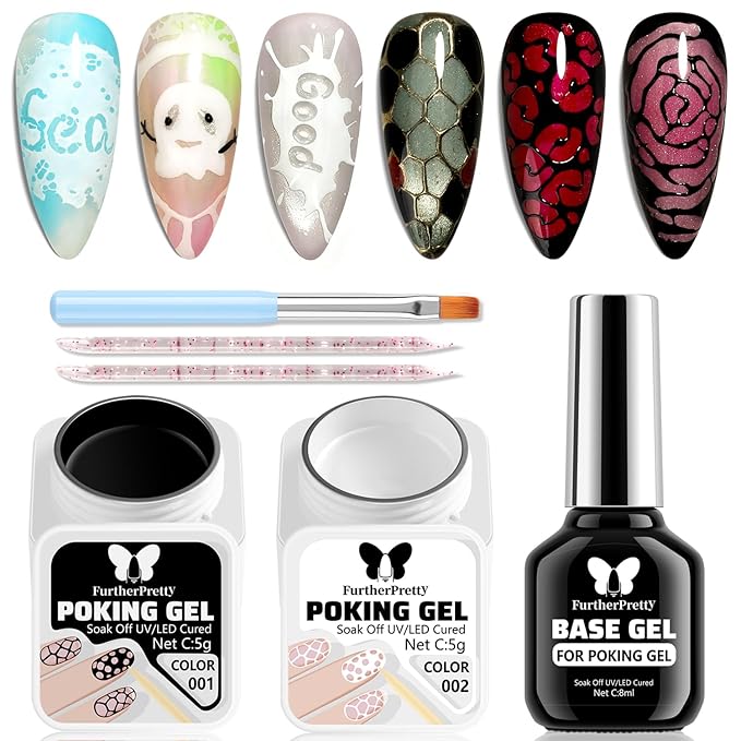 Magic Gel Nail Polish Kit, Black & White Poking Gel Polish with Poke Base Coat for Lace, Wave, Butterfly, Graffiti Letter Nail Designs, DIY Drawing Painting Manicure Supplies with Brush