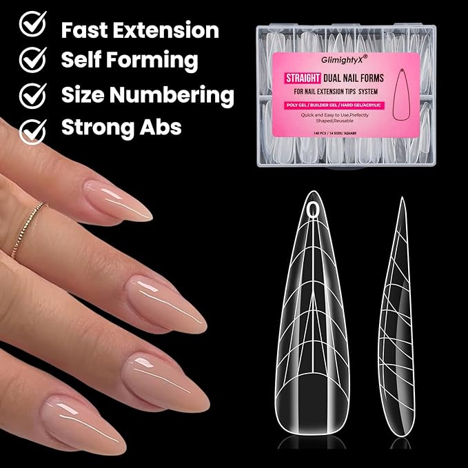 Flat Polygel Nail Forms Almond Shape,GlimightyX Straight Built-in Apex Dual Forms Molds Reusable,Pre-designed French Guildelines Polygel Tips for Nail Extension Salon Home DIY