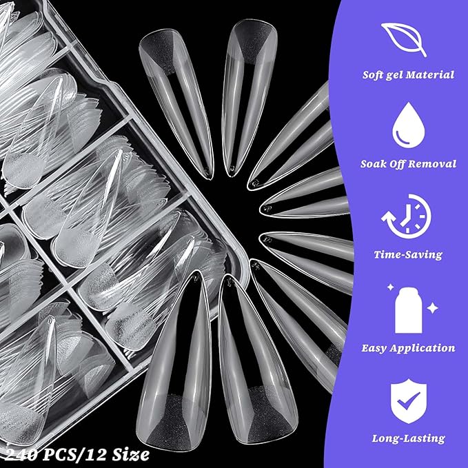 240pc Stiletto Gel Nail Tips Long Fake Nails Clear Press ons Nail, Long Stiletto Nails Tips Acrylic Nails Extension Soft Gel Nails Tip Full Cover Pointy False Nail Clear Artficial Fingernails