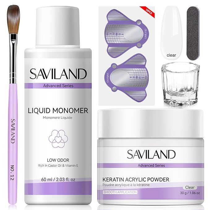 SAVILAND Acrylic Nail Kit for Beginners: 30g Clear Acrylic Powder and Liquid Set with #12 Nail Brush, Forms & Manicure Tools for Extensions DIY 3D Nail Art Sculpting Home Salon Use