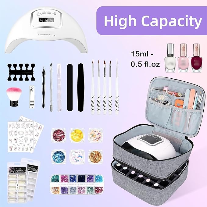Nail Polish Organizer Holds 30 Bottles (15ml - 0.5 fl.oz) Double-layer Gel Nail Polish Kit Carrying Case, Nail Holder for Nail Lamp, Portable Nail Organizer and Storage for Nail Supplies (Gray)