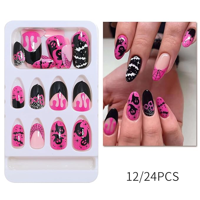 Halloween Press on Nails Oval Fake Nails French False Nails with Ghost & Spider Web Design Pink Acrylic Nails Full Cover Stick on Nails Artificial Nails Glossy Glue on Nails for Women 24Pcs