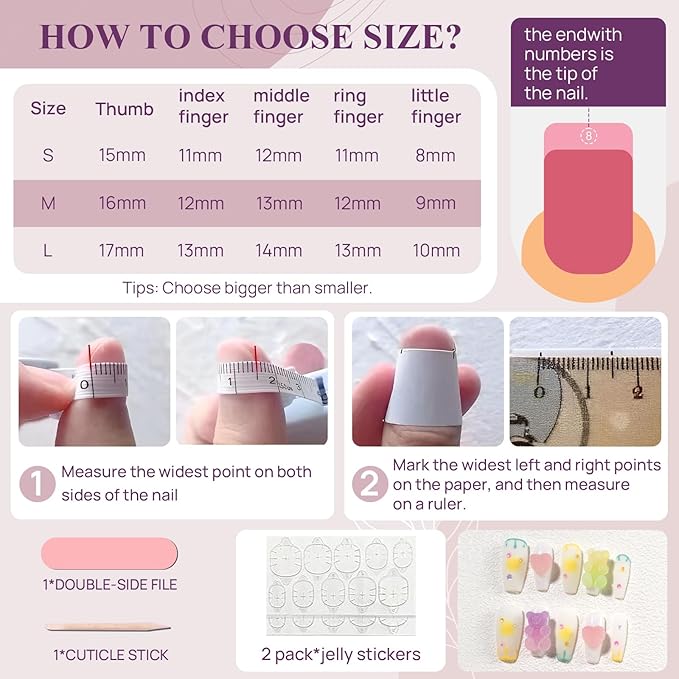 Fake Nails Set Y2K Long Square Matte 3D Candy Bear Love Decoration False Nail Tips, Press On Nails, Artificial Art Nails Finger Manicure for Women and Girls(CDJ0021-M)