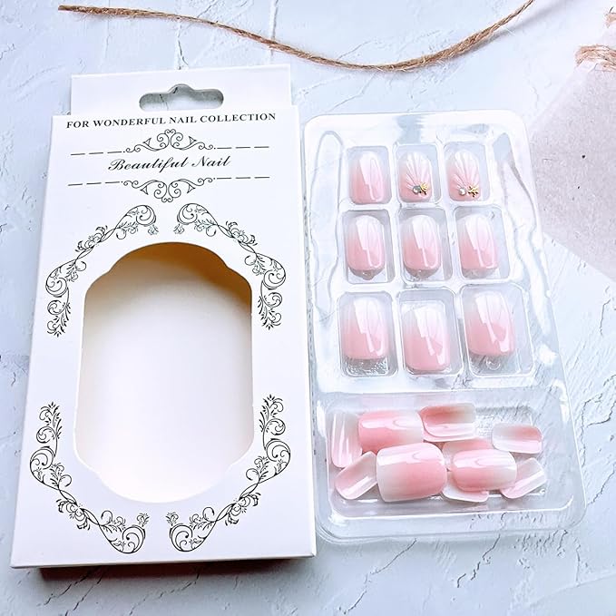 24pcs French Press on Nails Short Square Pink White Gradient With Charms Designs Glossy Glue on Cute False Full Cover Artificial for Women Girl Decoration