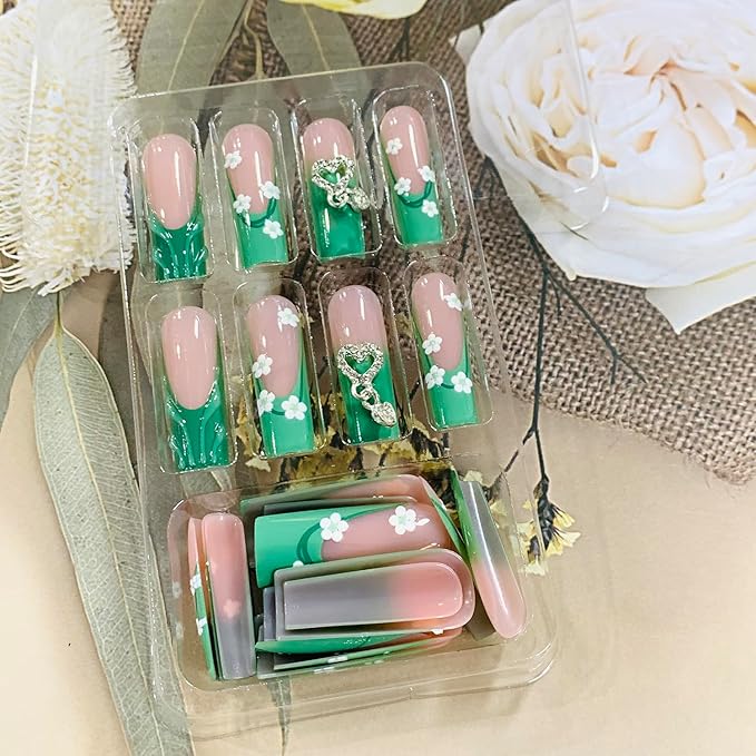 Press on Nails Coffin Long Length Acrylic Glossy Full Cover Square Shaped French False Nails with Designs Artificial Extra Long Fake Nails with Charms Glue ons Fingernails for Women(C142)