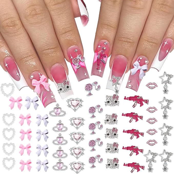 50Pcs Barbiecore Nail Charms, Pink Gun Head Lip Heart Saturn Rhinestione Nail Art Charms Nail Jewelry Decorations Acrylic Nail Gems Accessories for Women Girl DIY Crafts Supplies