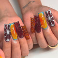 Long Press on Nails Square Fake Nails Brown Artificial Nail Orange Spring and Summer Designs Sparkly Stick on Nail for Women 24pcs