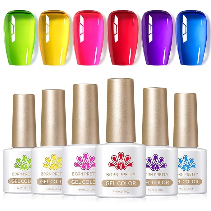 BORN PRETTY Jelly Gel Nail Polish Neon Spring Summer Gel Polish,Hot Pink Red Purple Blue Green Yellow 6Colors Translucent Effect,Soak Off U v LED Light Cure Nail Art Kit Salon Manicure and DIY at Home