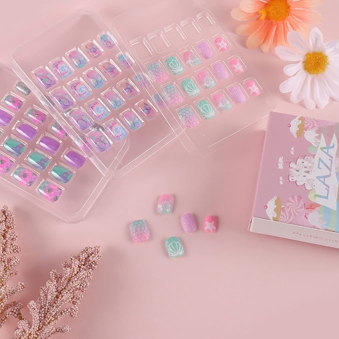 Laza 60pcs Children Nails Press On Pre-glue Full Cover Glitter Gradient Color Rainbow Sparkling Star Unicorn Shell Short False Nail Kits for Kids Teenager Girls - Mermaid Butterfly