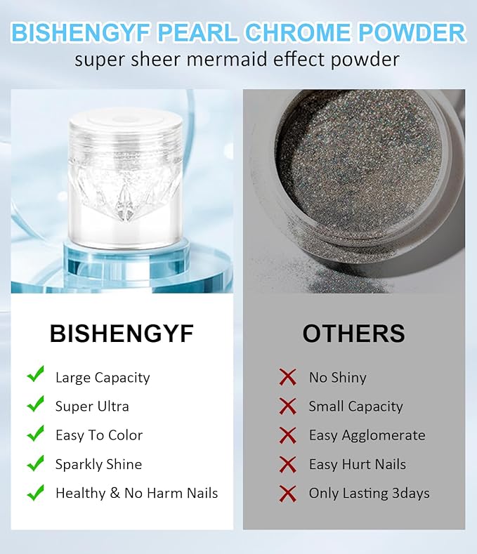 Moonlight White Chrome Nail Powder BISHENGYF - 1g Super Glossy Pearl Effect Chrome Nail Powder for Gel Nails Metallic Mermaid Pearl Nail Powde r for Nai l Art Decoration