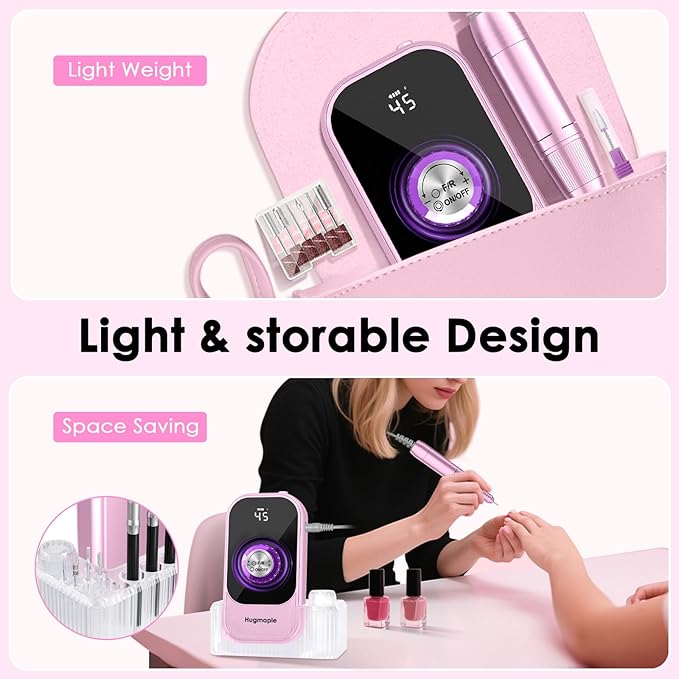 Professional Electric Nail Drill File, HUGMAPLE 45000RPM Portable E-File Machine with Bits & Base, Cordless Rechargeable Nail Drill Kit for Shaping, Removing & Polishing Gel Nails for Salon Home, Pink