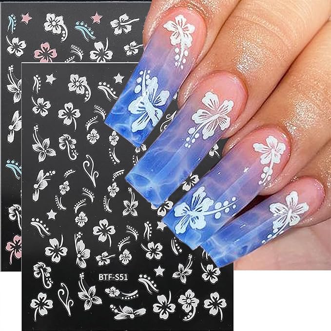 6Sheets Colorful Hibiscus Flower Nail Stickers Self Adhesive Pink White Floral Nail Decals Gold Silver Star Cherry Blossom Petal Nail Design Nail Art Stickers 3D Nail Supplies Pegatinas Uñas for Women