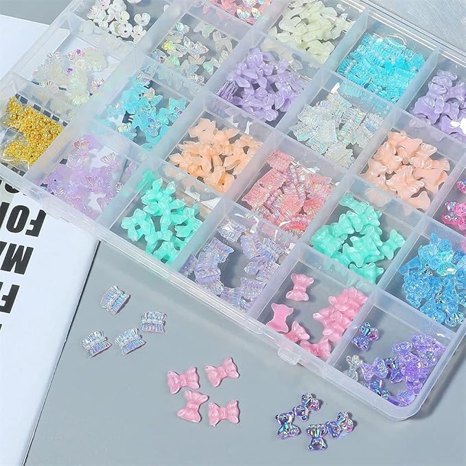 1 Box 3D Cute Bear/Bow Ties/Butterfly Resin Nail Art Decorations Aurora Flowers Designs Holographic Nails Ornaments Skirt Nail Supplies for Nails Glitter DIY Manicure Accessories