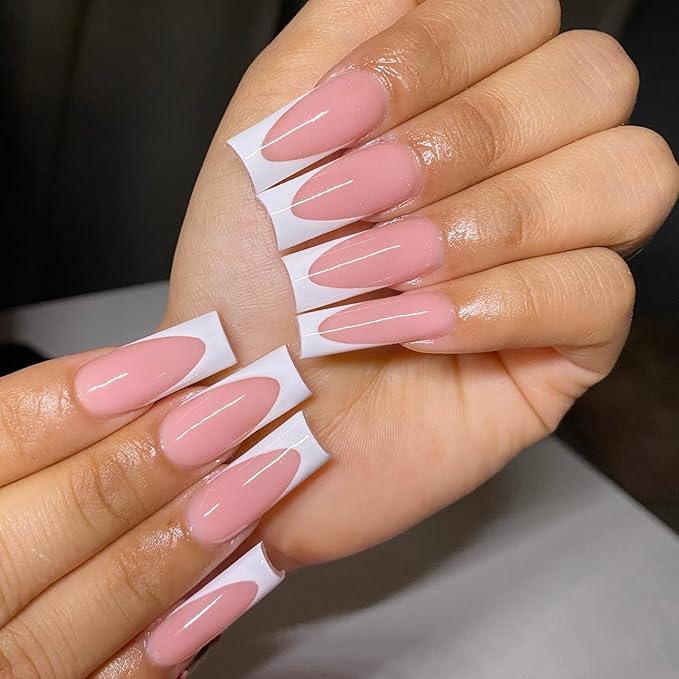 AddFavor 120pcs White French Tip Press on Nails Long Square Fake Nails Nude False Nails XL Long Tapered Square French Press ons Nail Acrylic Artificial Nail with Adhesive Tab for Women Girls