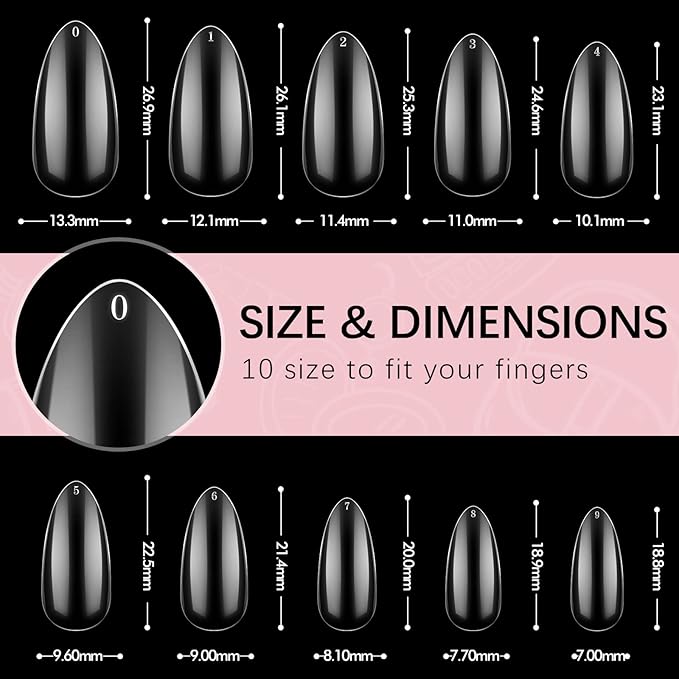 BTArtbox 500pcs Almond Nail Tips - Full Cover with Case for Nail Salons and DIY Nail Art, 10 Sizes