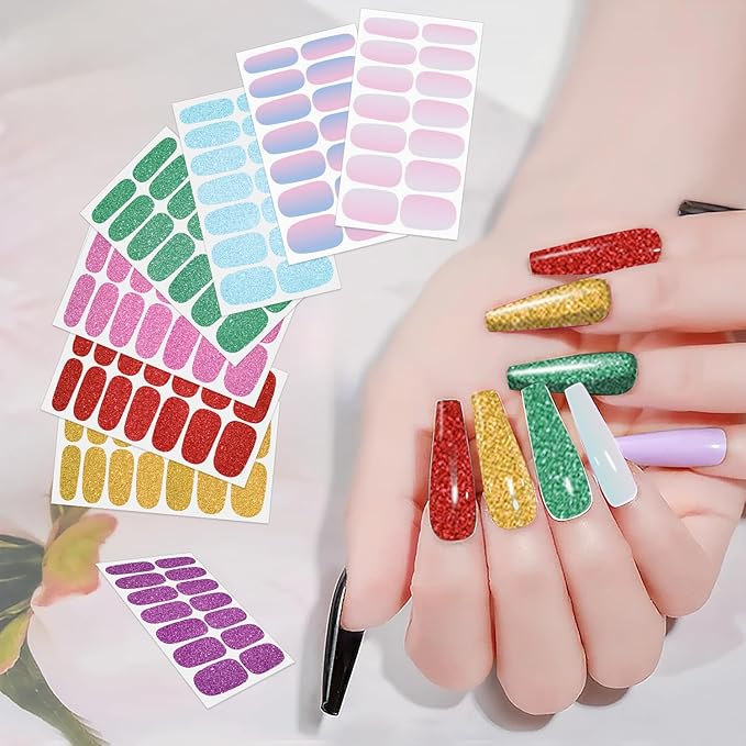 SILPECWEE 16 Sheets Bright Color Nail Polish Stickers Full Nail Wraps Glitter Mermaid Color Gel Strips Self Adhesive Nail Polish Strips Fingernail Sticker Nails for Women with File