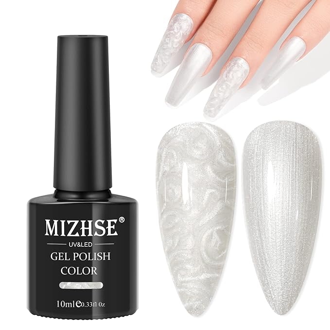 MIZHSE Pearl White Gel Nail Polish, Shimmer Mermaid Gel Polish Glitter Gels Polish Swirl Shell Thread Effect Soak Off U V Salon Home DIY Manicure Use10ml