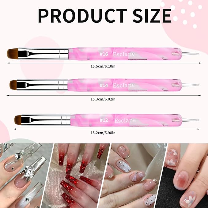 French Manicure Brush, Esclane 2 Way French Nail Brush with Dotting Tool for Manicure Cuticle Clean Up Nail Art Design, French Tip Brush (Pink, #14)