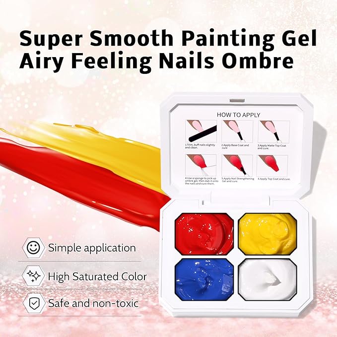 Sponge Pat Gel Nail Polish Palette, Blue Red Yellow White 4 Colors Primary Blending Ombre Gel Polish Gradient Painting Nails Art, No Wipe, UV/LED Cured (4 Colors A)