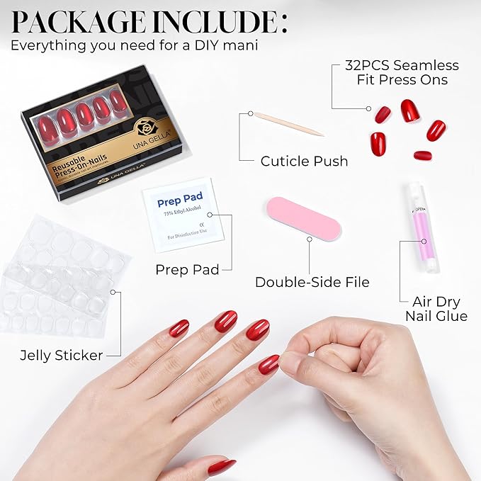 UNA GELLA 32Pcs Soft Gel Press on Nails - 16 Sizes Red Cat Eye Oval Round Glue on Nails, Reusable Glitter Velvet False Nails, Full Cover Acrylic Nail Kit for Women DIY Home Manicure