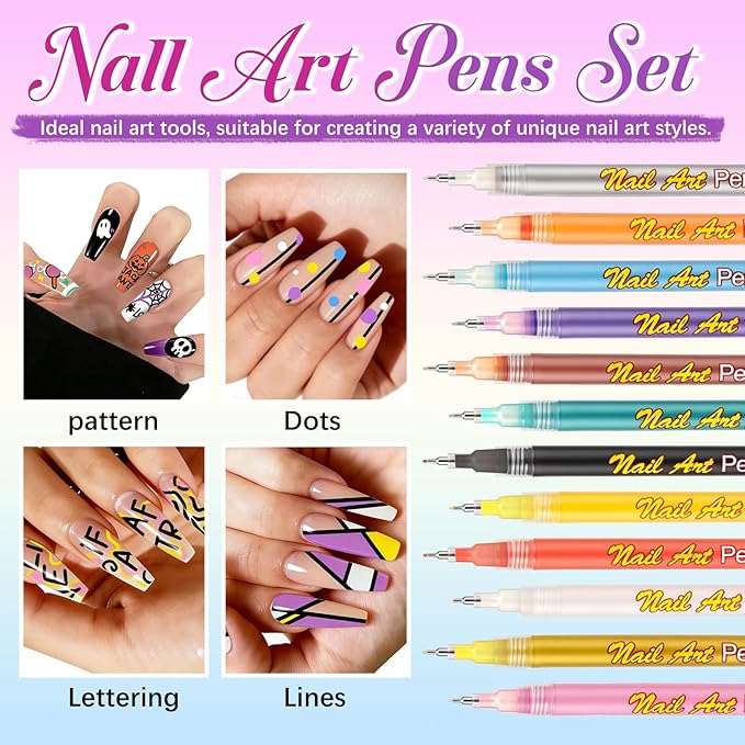 12 Color Nail Art Pens for Painting Nails, 0.5 MM Nail Polish Pens Set, Nail Pens for DIY Drawing Point Liner Acrylic Painted, Quick-drying & Waterproof, Nail Design Manicure Tools Kit