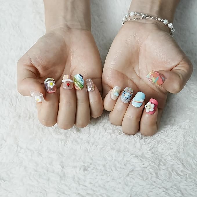 Rainbow Cartoon Press on Nails Short Square - 5D Embossed Sunflower & Mini Colorful Charms Design, Cute False Nails for Women and Girls(Cartoon Drawing,M)