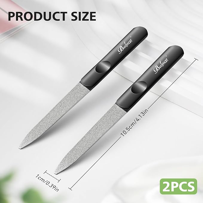 BALUCA Stainless Steel Diamond Nail File for Natural Acrylic Nails, Double Sided Metal Fingernail Toenail File for Women, Durable and Efficient Nail Care Tool - Black