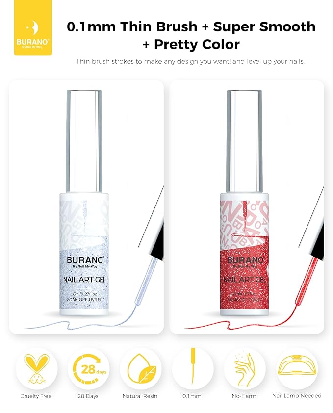 BURANO Gel Nail Polish Liner Nail Art Polish, Silver Gold Painted Gel Nail Design Polish 2 Bottle 8ml, Build in Thin Nail Brush Curing Required LX13 LX18