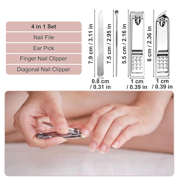 16 Sets Travel Manicure Set Professional Nail Clipper Kit Bulk,4 in 1 Adult Stainless Steel Travel Manicure Kit with Case Individually Wrapped Nail Clippers Bulk for Homeless,Hotel,Charity（Pink）