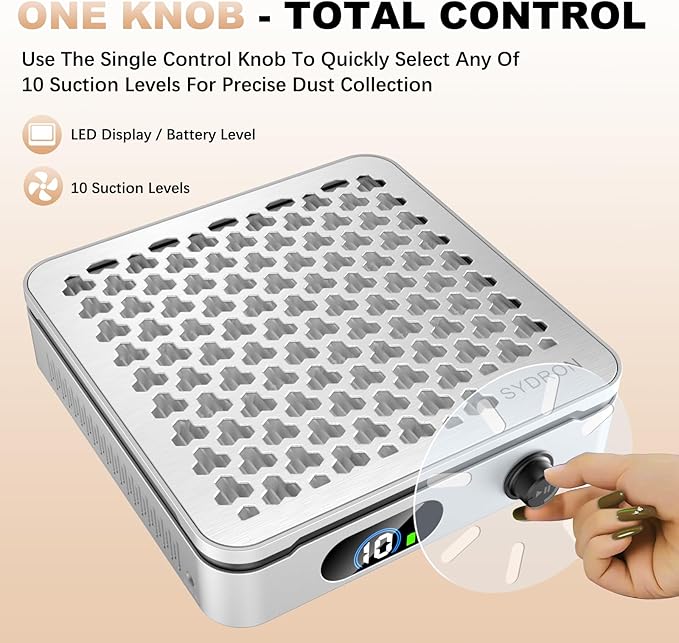 Nail Dust Collector | 1000PA Nail Dust Collector Cordless | 10 Speed Levels | Low Noise & Strong Suction | Reusable Filter, 10 Pads + Nail Dust Brush | for Acrylic Nails, Salon & Home - Silver