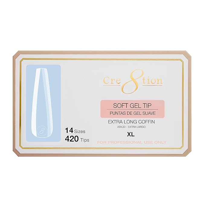 Cre8tion Soft Gel Nail Tips, Extra Long Coffin Shape, 602 Tips in 14 Sizes (00-9) for Professional Nail Extensions
