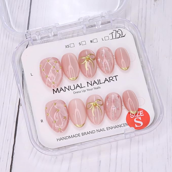 Pink Press on Nails Thick and Muti-Layer Gel Fake Nails Bow French Tip False Nails with Bow Star Design White Hand-draw Lines Stick on Nails Full Cover Artificial Nail for Women DIY (Size S)