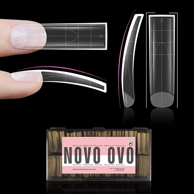 NOVO OVO Halloween XXL Slightly Curved Sharp Square Nail Tip, Extra Thick Natural Curve False Nails Press on, Full Cover Soft Gel Extension Fake Nail Acrylic French Tip Auxiliary Line x 15 Size 240pc