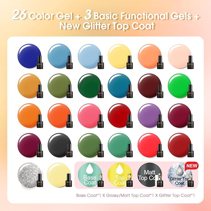 ROSALIND 30PCS Gel Nail Polish Set with Base Glossy Matte and Glitter Top Coat Gel Polish, Orange Green Fall Winter Gel Nail Set Soak Off Gel Polish Set