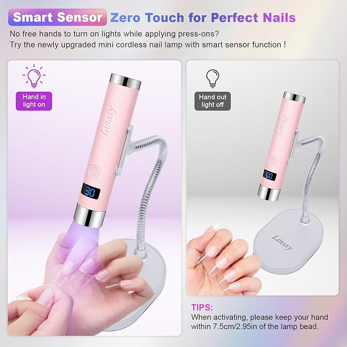 Mini UV Light for Nails with Auto Sensor & Gooseneck Stand,Portable Cordless Nail Lamp Flash Cure Lamp with LCD Display,Handheld UV Light for Gel Nails at Salon & Home Use (Pink)