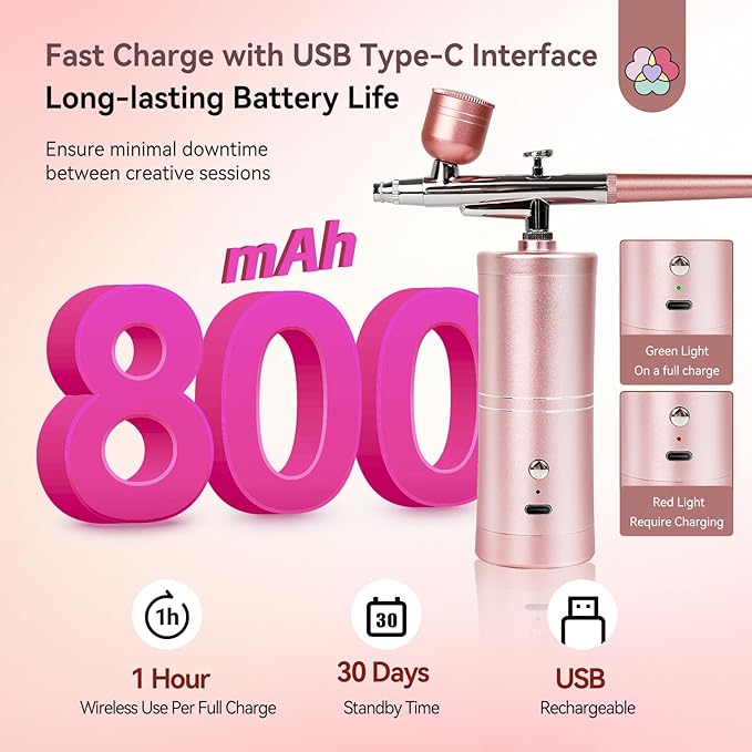 SAVILAND Salon-Grade Airbrush Kit: 25 PSI Super-Stable, Rechargeable Nail Art Machine with 0.3mm Nozzle & Dual Modes - Professional Tool for Gel Nails, Ombre & French Manicure at Home (Pink)